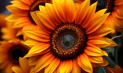Fototapeta premium Vibrant Orange Sunflower Close-up with Exquisite Petal Details and Intricate Seed Patterns
