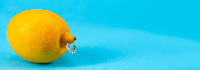 Intimate piercing. Minimal piercing concept. Lemon with inserted iron decoration, piercing