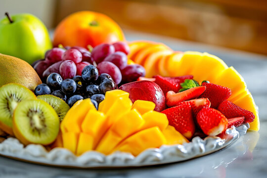 Fresh fruit platter, a visually appealing arrangement of fresh, colorful fruits on a platter, creating a vibrant and healthy image with copy space.