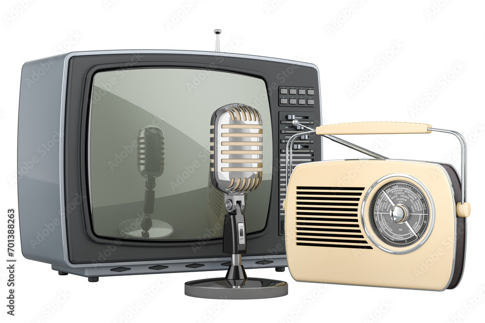 Poster retro old tv set, fm radio receiver and microphone. broadcasting concept. 3d rendering isolated on t