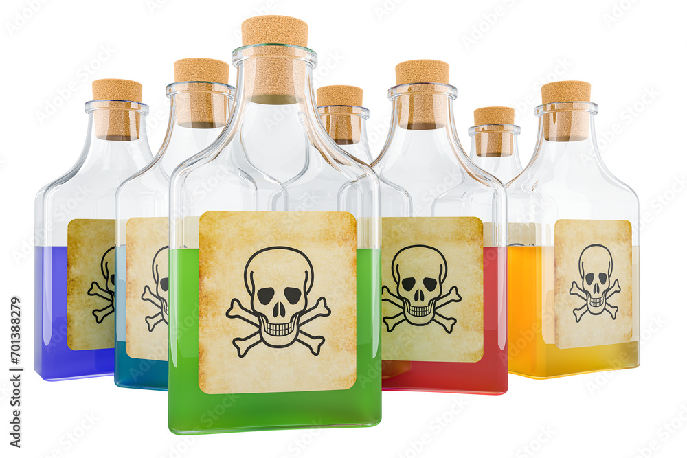 Poster poison bottles with colored liquid. 3d rendering isolated on transparent background