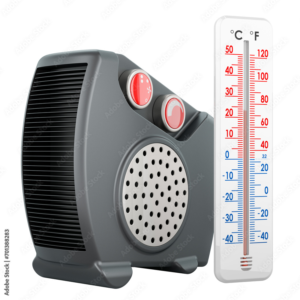 Poster fan heater with thermometer, 3d rendering isolated on transparent background