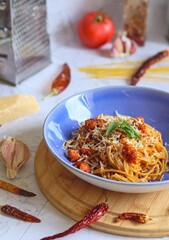 Spaghetti pasta with chorizo - makaron spaghetti z chorizo - obrazy, fototapety, plakaty