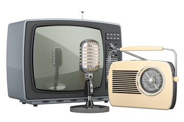 Retro old TV set, FM radio receiver and microphone. Broadcasting concept. 3D rendering isolated on transparent background