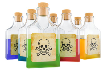 Poison bottles with colored liquid. 3D rendering isolated on transparent background