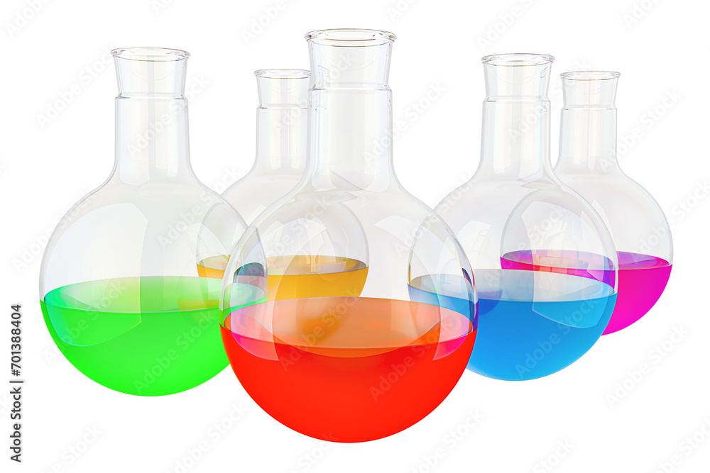 Poster colored chemical flasks with liquid, 3d rendering isolated on transparent background
