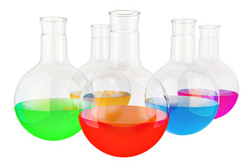 Colored Chemical Flasks with liquid, 3D rendering isolated on transparent background