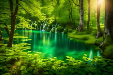 river in the forest, Picturesque morning in Plitvice National Park. Colorful spring scene of green forest with pure water lake. Great countryside view of Croatia, Europe. Beauty of nature concept back