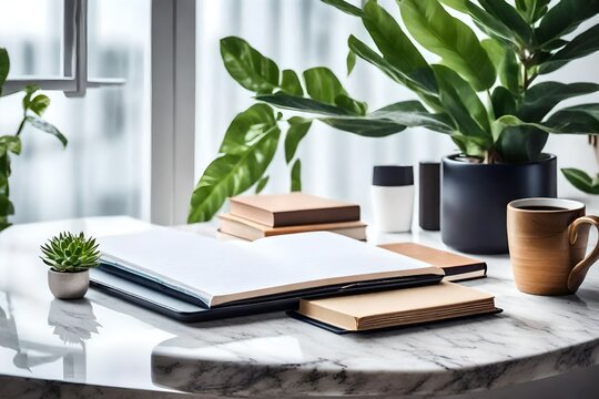 interior design, Marble desk with books, coffee mug, mobile phone and plant. Mock up stock photo-