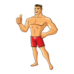 Fototapeta premium Lifeguard superhero with thumbs up cartoon mascot illustration character vector clip art hand drawn