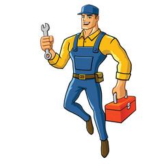 Flying Handyman superhero holding a wrench cartoon mascot illustration character vector clip art hand drawn