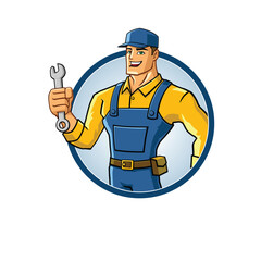 Handyman superhero emblem cartoon mascot illustration character vector clip art hand drawn