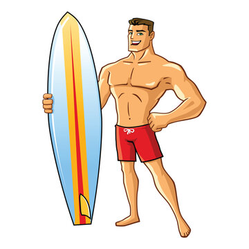 recommend clip art: Lifeguard superhero with surfing board cartoon mascot illustration character vector clip art hand drawn