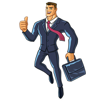 recommend clip art: Flying businessman with thumbs up Superhero cartoon mascot illustration character vector clip art hand drawn