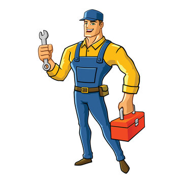 recommend clip art: Handyman superhero holding a wrench cartoon mascot illustration character vector clip art hand drawn