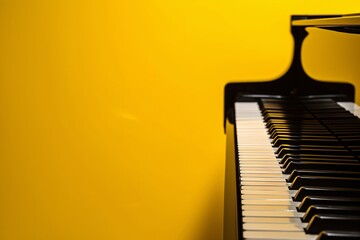 A close-up of a piano keyboard on a yellow wall. Generative AI