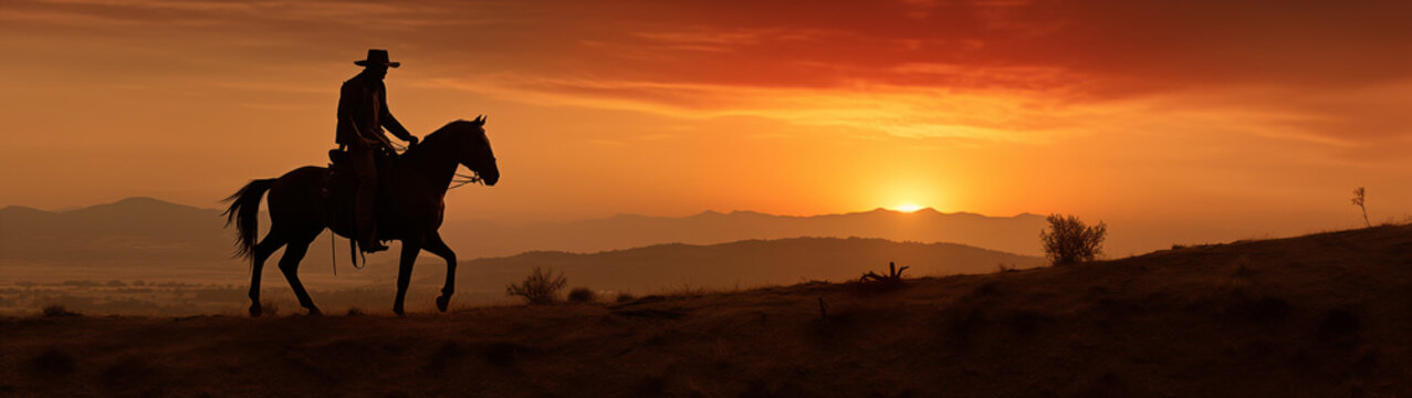Panorama view of cowboy riding a horse with sunset background, only silhouette visible. Generative AI