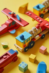 A colorful wooden train with a blue ball on top and a yellow background Generative AI