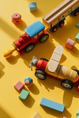 Obraz premium A variety of wooden toy cars and trucks on a yellow surface Generative AI