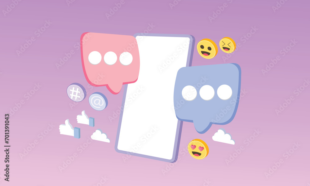 Poster 3d social media with emoji hashtag speech on mobile interface optimization.3d goal for technology,on