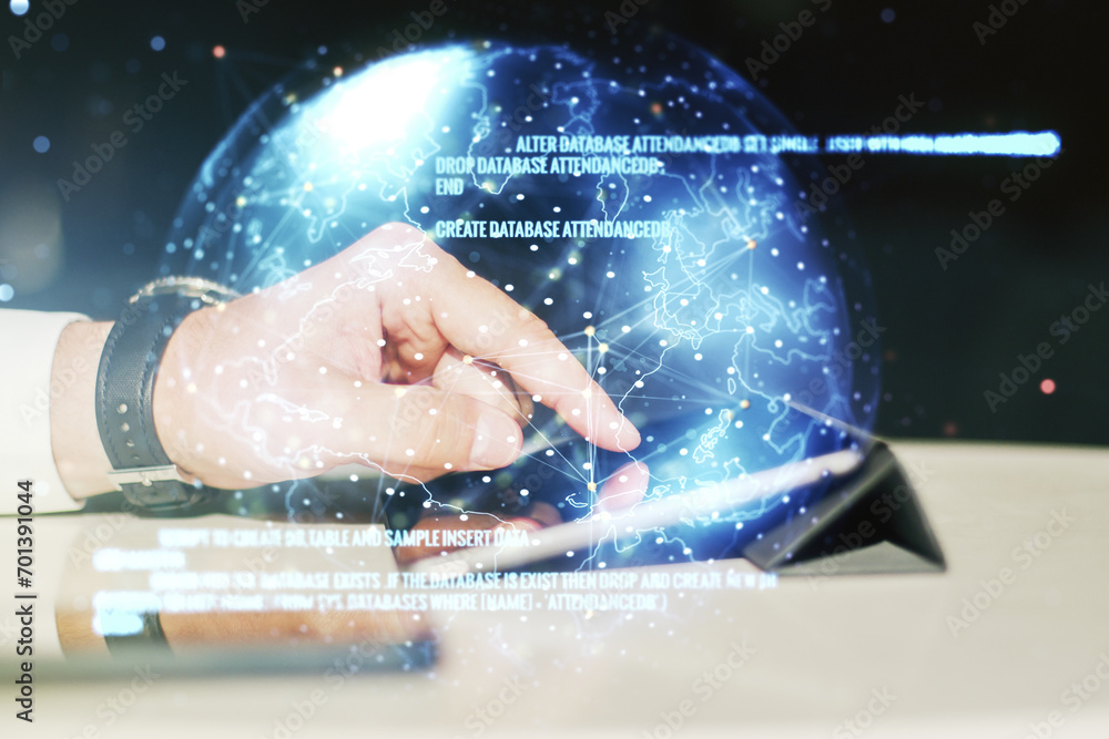 Poster multi exposure of abstract software development hologram with world map and finger presses on a digi