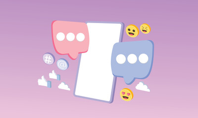 3D social media with emoji hashtag speech on mobile interface optimization.3d goal for technology,online social media usage illustration.