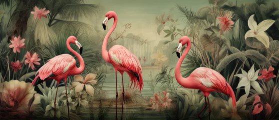 Selbstklebende Fototapeten Vintage oil painting of flamingoes among roses and palm leaves in a tropical forest © Victor