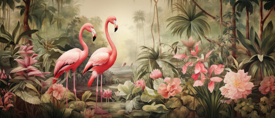 Vintage oil painting of flamingoes among roses and palm leaves in a tropical forest