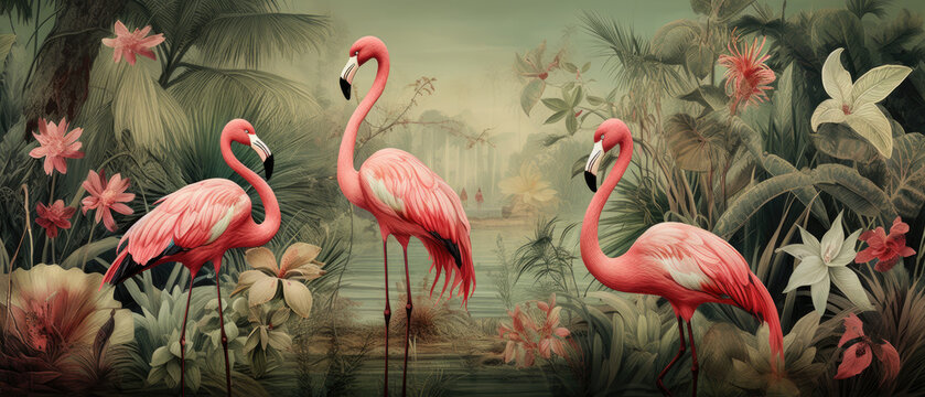 Vintage oil painting of flamingoes among roses and palm leaves in a tropical forest