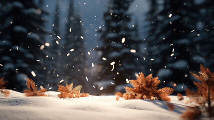 Fototapeta na wymiar Dry Autumn Leaves on snow with nature winter background Photo