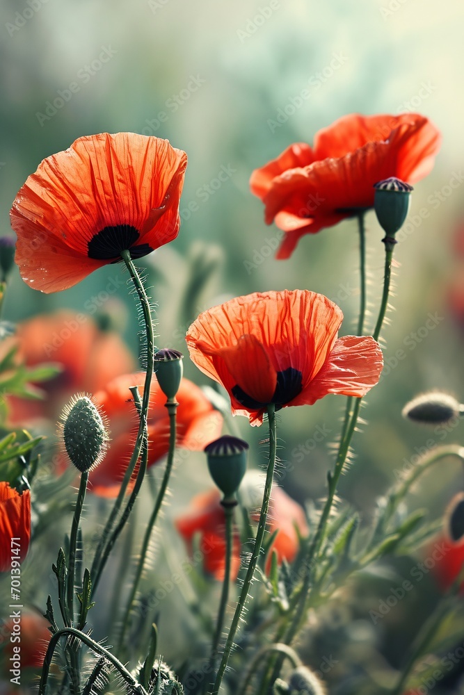 Aufkleber blooming red poppies in a field generative ai
