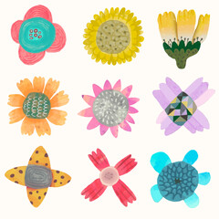 Flower and leaf watercolor painting vector illustration set isolated on a white background.