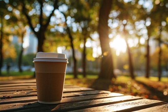 A cup of coffee on a wooden bench in a park. Generative AI