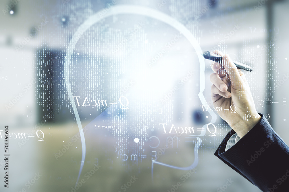Poster man hand with pen working with abstract virtual artificial intelligence interface with human head ho
