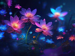 A magical illustration of glowing flowers in the dark.