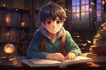 anime boy reading a book