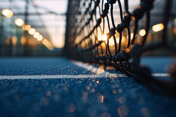 A tennis court with a net and sunlight shining through it Generative AI