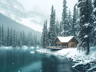 Obraz na płótnie Canvas Idyllic Winter Cabin Retreat by Snowy Lake in Mountain Forest