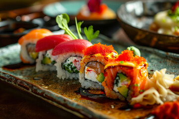 Sushi artistry, a visually stunning arrangement of expertly crafted sushi rolls and sashimi.