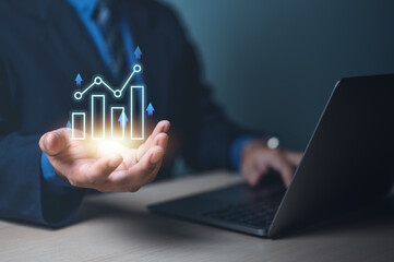 technology, marketing, increase, digital, hand, investor, smartphone, chart, analysis, balance. close up to palm of hands has bar chart HUD. there chart fluctuate by prices of market and demand.