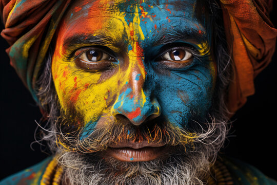 Indian man with a beard and colorful paint in his fave during the Holi festival of colors