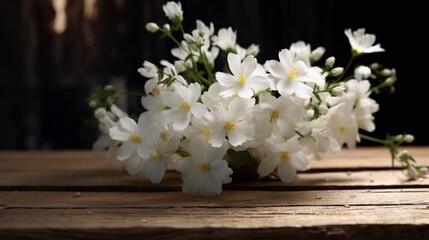 White flowers on a wooden tablet.Generative AI