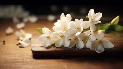 Fototapeta na wymiar White flowers on a wooden tablet.Generative AI
