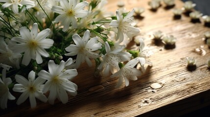White flowers on a wooden tablet.Generative AI