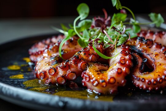 Squid on a plate with greens Generative AI