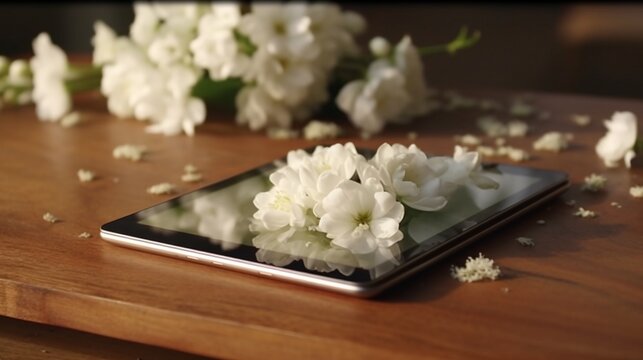 White flowers on a wooden tablet.Generative AI