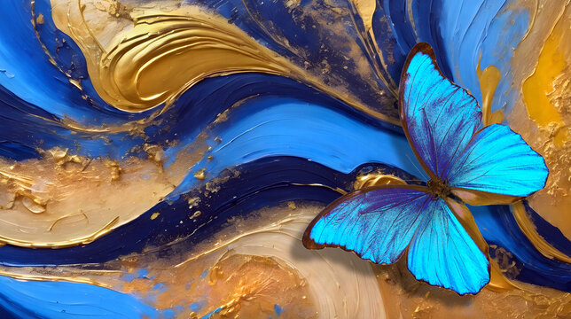 bright blue tropical morpho butterfly against a background of abstract blue and gold brush strokes of oil paint on canvas.