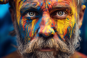 Portrait of an older bearded man with colorful paint on his face