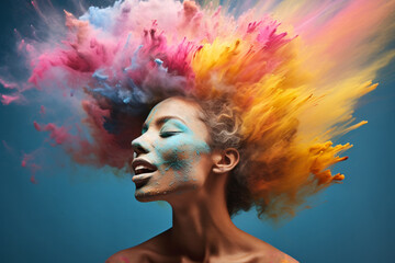 Portrait of a woman in the midst of a color powder explosion