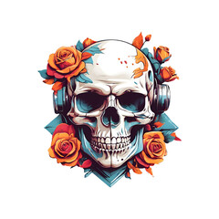 Illustration of a hideous skull surrounded by beautiful blooming flowers. Illustration artwork of t-shirt graphic design.